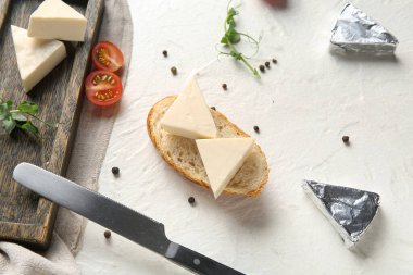 Lezzetli işlenmiş peynir, domates, baharat ve açık arkaplanda bıçak üçgenleri ile kompozisyon