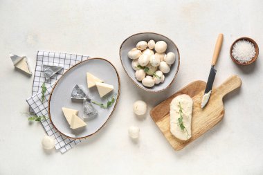 Hafif arkaplanda lezzetli işlenmiş peynir, mantar ve deniz tuzu üçgenleri ile kompozisyon