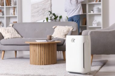 Modern hava temizleyicisi oturma odasında halının üzerinde.