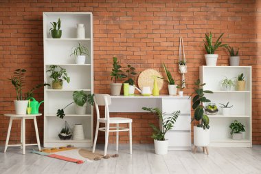 Atölyedeki tuğla duvarın yanında raf üniteleri, bitkiler ve bahçe aletleri olan çalışma yeri