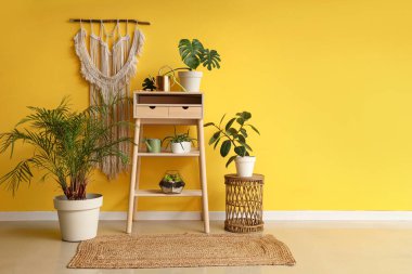 Sulama kabı ve sarı duvarın yanındaki bitkilerle dolu bir masa.