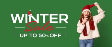 Şaşkın genç bayanla Kış Satışı Sancağı