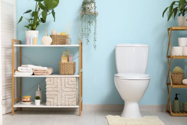 Seramik klozet, ev bitkisi, malzeme ve mavi duvarın yanında raf ünitesi olan şık bir tuvalet.