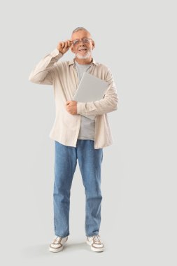 Hafif arkaplanda dizüstü bilgisayarı olan yetişkin programcı