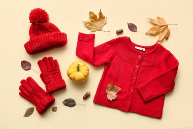 Kalın çocuk kıyafetleri, balkabağı ve düşmüş yapraklı kompozisyon