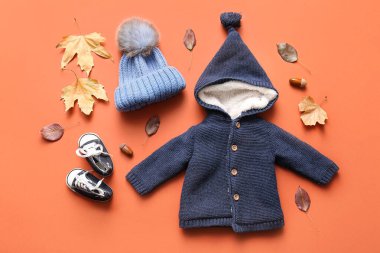 Renkli arka planda bebek kıyafetleri, ayakkabıları ve düşmüş yaprakları olan kompozisyon