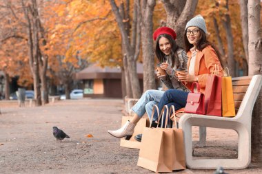 Sonbahar günü kahve fincanları ve alışveriş torbalarıyla parkta oturan bayan arkadaşlar.