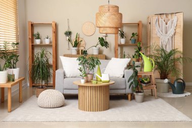 Oturma odasının içinde kanepe, yeşil bitkiler ve bahçe aletleri var.