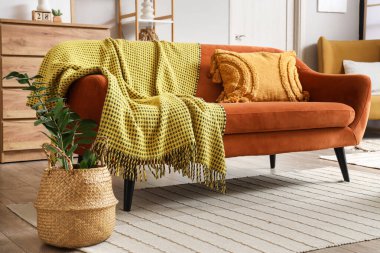 Oturma odasında yastıklı ve ekoseli kırmızı kanepe.