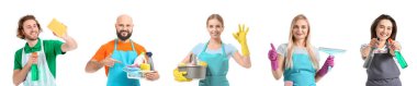 Set of people with cleaning supplies on white background