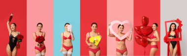 Renkli iç çamaşırlı güzel Asyalı kadın seti. Sevgililer Günü kutlaması