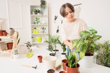 Cute boy taking care of plant in workshop clipart