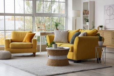 Rahat kanepesi, koltuğu ve sehpası olan bir oturma odası.