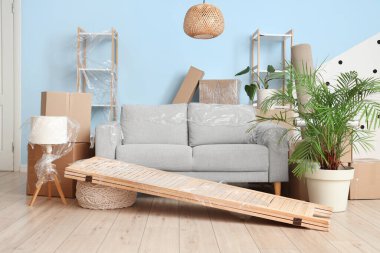 Oturma odasında esnek ambalajlı ve mobilyalı kutuları taşımak