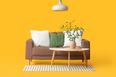 Vazoda, kanepede, halıda ve sarı arka planda bambu saplı masa.