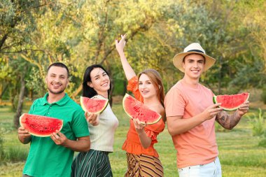 Parkta piknikte karpuz dilimleri olan bir grup genç arkadaş.