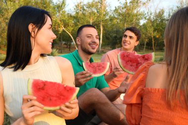 Gün batımında parkta piknikte karpuz dilimleri olan bir grup genç arkadaş.