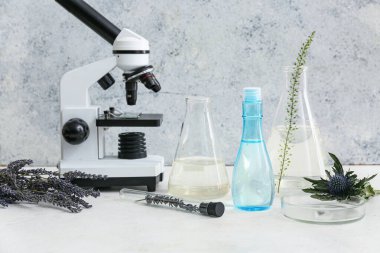 Mikroskop, numuneler ve doğal kozmetik malzemeleriyle dolu laboratuvar camları grunge gri duvarının yanındaki beyaz masada.