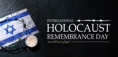 Flag of Israel, candle and barbed wire on black background. Banner for International Holocaust Remembrance Day clipart