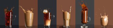 Collage of splashing coffee beverages on dark and brown background clipart