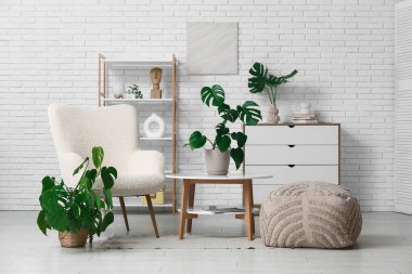 Oturma odasının modern iç mekanı. Masada ve şık koltukta tropikal canavar yaprakları var.