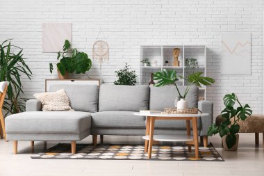 Masada ve şık koltukta tropikal canavar yaprakları olan modern bir oturma odası.