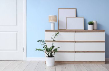 Boş çerçeveli çekmeceler, mavi duvarın yanında saksı ve masa lambası.