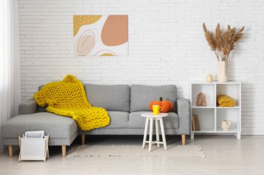 Modern oturma odasının içinde şık gri kanepe, oyuncak balkabağı ve sarı ekose örgü.