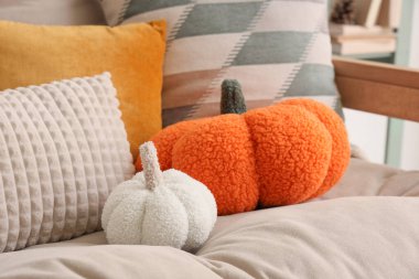 Oturma odasındaki kanepede yumuşak oyuncak balkabakları. Yakın çekim.