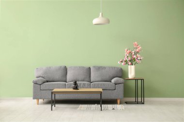 Masada güzel manolya çiçekleri ve şık oturma odasında yeşil duvarın yanındaki gri kanepeli vazo.