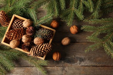 Tahta arka planda çam kozalakları, cevizler ve köknar dallarıyla dolu bir kutu.