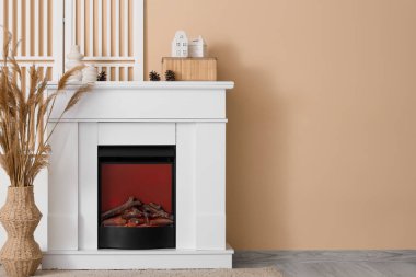 Şömineli, otlu ve katlanabilir perdeli oturma odasının içi.