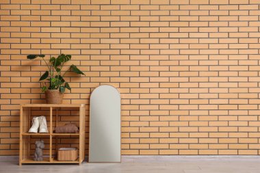 Büyük ayna, raf ünitesi ve tuğla duvarın yanındaki ev bitkisi.