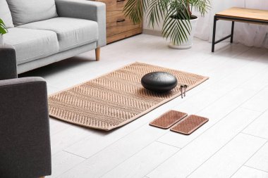 Oturma odasında yerde glukofon olan Sadhu tahtası.