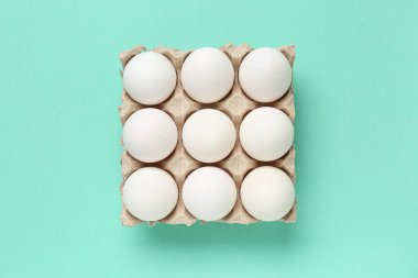 Turkuaz arka planında çiğ tavuk yumurtası olan mukavva tutucu.