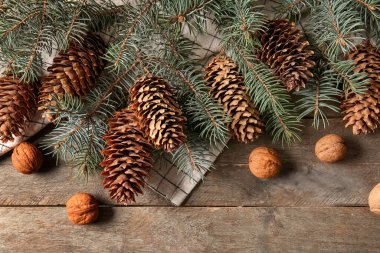 Çam kozalaklı dallar ve ahşap arka planda cevizler