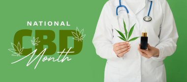 Yeşil arka planda kenevir yağı şişesi olan kadın doktor. Ulusal CBD Ayı Afişi