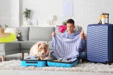 Avustralyalı çoban köpeği olan genç çocuk eve gitmek için bavul hazırlıyor.