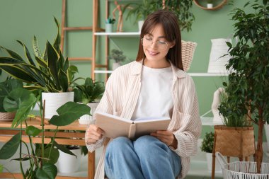 Evdeki çiçeklerin yanında pouf hakkında kitap okuyan genç bir kadın.