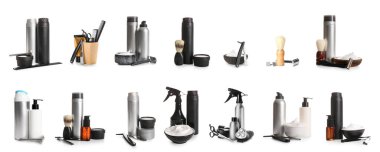 Beyaz üzerine izole edilmiş tıraş aksesuarları kolajı