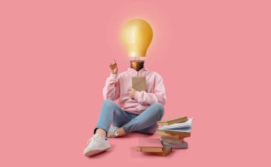 Woman with glowing light bulb instead of her head and with books showing something on pink background clipart