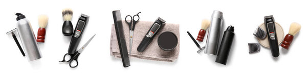 Collage of accessories for shaving on white background, top view