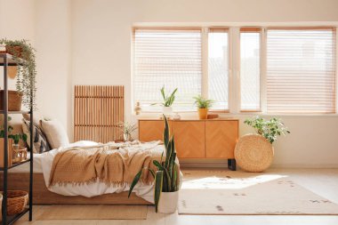 İçinde bitkiler, katlanan ekran ve tuvalet olan rahat bir yatak odası.