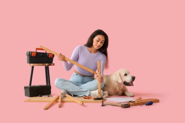 Genç Afro-Amerikalı kadın pembe arka planda sevimli köpek montaj masası ile