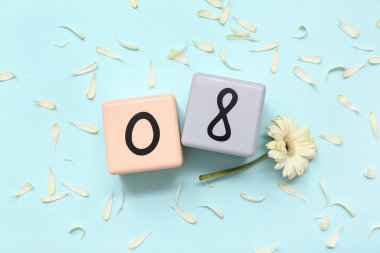 Küp takvimi, tarih 08, güzel Gerbera çiçeği ve mavi arka planda taç yaprakları. Uluslararası Kadınlar Günü