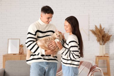 Oturma odasında sevimli Maine Rakun kedisi olan güzel bir çift.