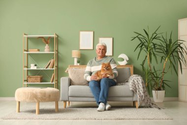 Evdeki kanepede oturan sevimli Pomeranya köpeği olan mutlu son sınıf öğrencisi.