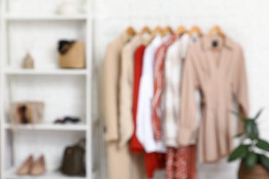 Giysilerle ve soyunma odasındaki beyaz tuğla duvarın yanındaki raflarla doldur. Bulanık görünüm