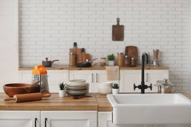 Lavabo, ev bitkileri ve mutfak tezgahının içindeki farklı aletler.
