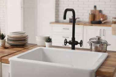 Lavabo, çatal bıçak ve ev bitkileri mutfak tezgahının içinde.